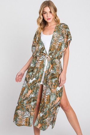 TROPICAL LEAVES PRINT SELF-TIE DRAWSTRING OPEN FRONT COVER UP.