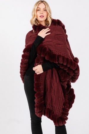 Faux Fur Collar And Trim Cape With Closure