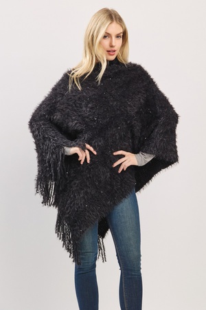Lightweight Fuzzy Sequin Poncho With Fringe