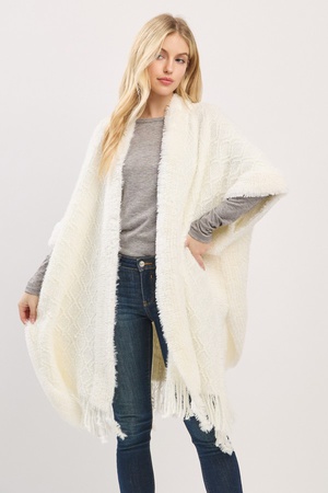 Cozy Boucle Knit And Soft Drape Fringe Shawl