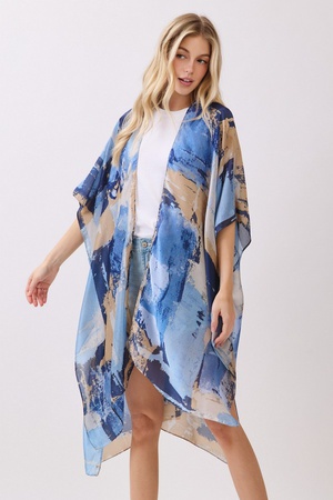 Abstract Modern Art-Inspired Print Silky Feel Kimono