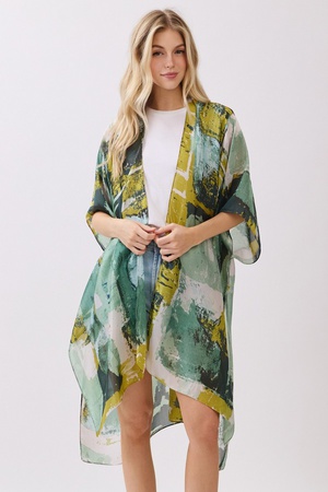 Abstract Modern Art-Inspired Print Silky Feel Kimono