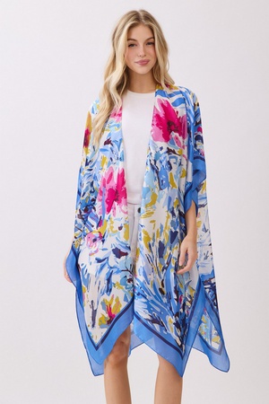 Abstract Floral Print Silky Feel Kimono