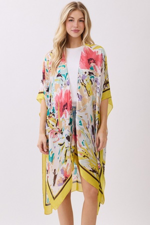 Abstract Floral Print Silky Feel Kimono