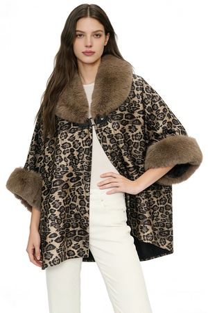 Faux Fur Collar Suede Leopard Print Cape With Fur Cuffs