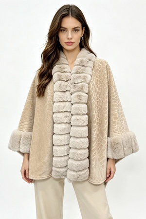 Textured Faux Fur-Trimmed Cape Shawl