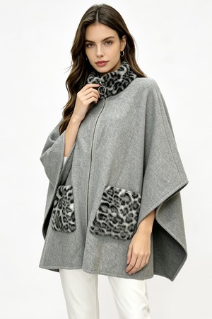 Zip-Up Stand Collar Poncho With Animal Print Fur Pockets