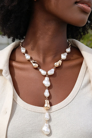 Two Tone Baroque Pearl & Polished Metal Y-necklace