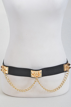 Shiny Studded Solid Belt With Chain