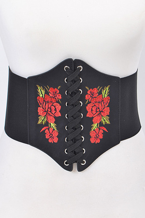 Corset Thick Belt With Red Rose Details