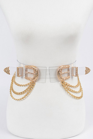 Two Buckles Transparent Belt W/Layered Chain.
