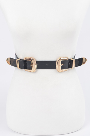 Faux Patent Leather Two Buckles Belt