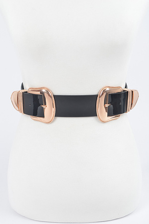 Faux Patent Leather Two Buckles Wide Belt