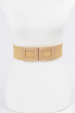 Big Metal Buckle Faux Straw Stretch Belt