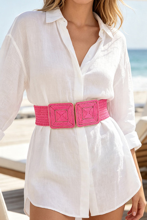 Faux Straw Two Buckle Elastic Belt
