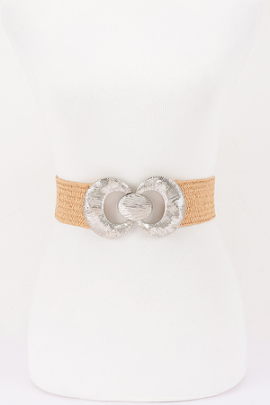 Faux Straw Big Metal Buckle Elastic Belt