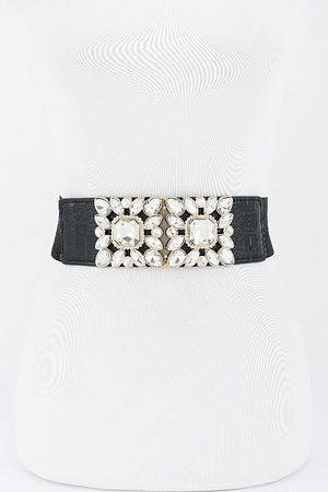 Ornate Rhinestone Buckle Croc Embossed Stretch Waist Belt