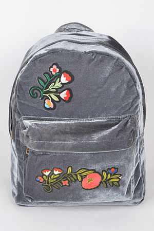 Faux Velvet Backpack With Flower Details