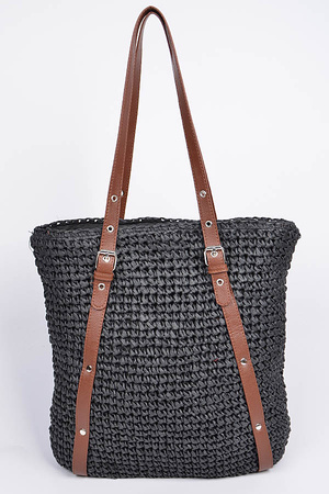 Leather Strap Straw Like Basket  Bag