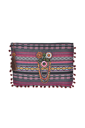 Mixed Bead Attached Pattern Stripe Clutch