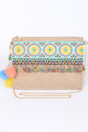 Aztec Inspired Colorful Clutch With Puff Balls