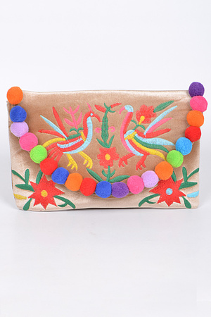 Asian Style Faux Velvet & Puff Balls Clutch