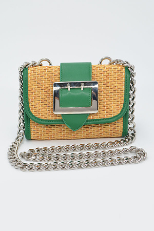 Straw and Leather With Cross Chain Body Strap Clutch
