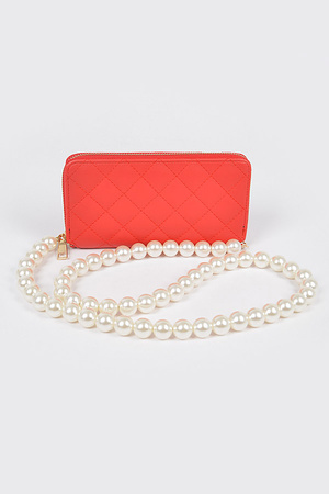 Faux Pearl Long Strap Crossbody Large Wallet