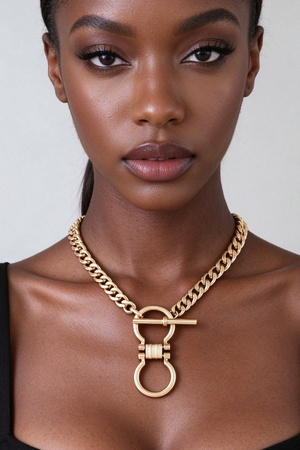 Gold Tone Curb Chain T Bar Statement Necklace