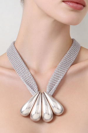 Silver Metallic Mesh Ribbon Statement Necklace with Teardrop Accent