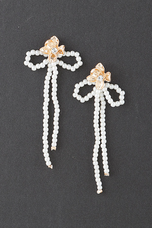 Delicate Shiny Bejeweled Flower Pearl Ribbon Earrings