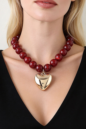 Marbled Resin Bead Necklace with Gold Heart Pendant
