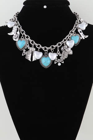 Multi Antique Heart Charms Necklace