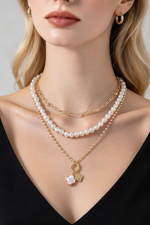 Gold Tone Multi Strand Pearl & Clover Charm Necklace