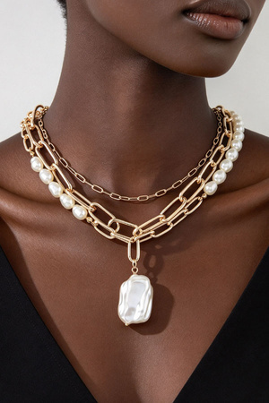 Gold Tone Multi Strand Layered Pearl Pendant Necklace