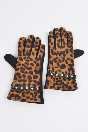 Faux Leopard Suede Gloves W Imitation Pearl