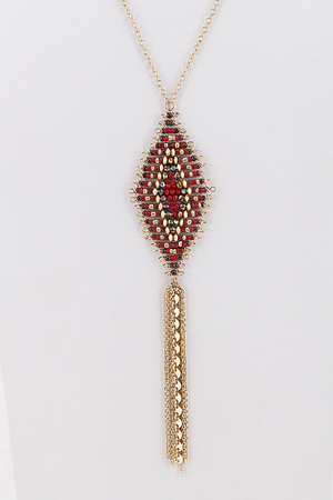 Southwestern Triangle Bead and Chain Tassel Pendant Necklace 5JAI1