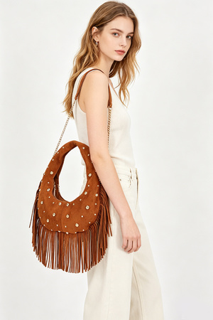 Faux Suede Metal Studded Fringe Hobo Bag