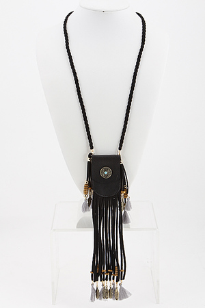 Tribal inspired Pouch Necklace with Feather and Tassel Detail 5JBD9