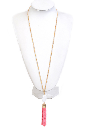 Long Chain Necklace With Stone And Tassel