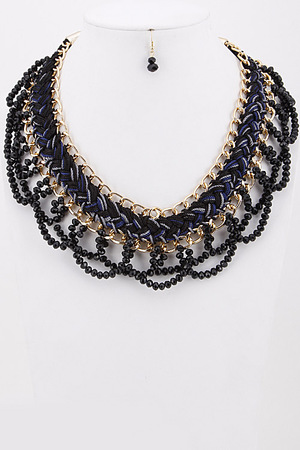 Braided Chain and Bead Statement Necklace Set 5JAI4