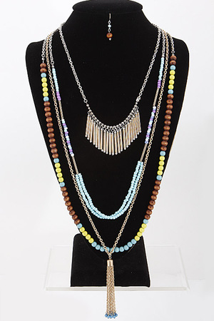 Long Beaded Layered Necklace With Tassel Set 6BAG6